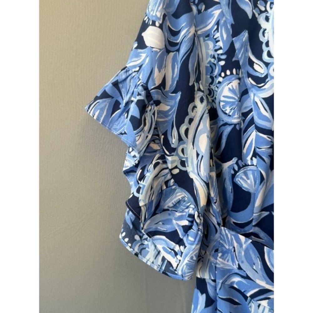 Lilly Pulitzer Cascade Ruffle Sleeve Dress 14 Navy Blue Tropical Botanical Print - Picture 7 of 12